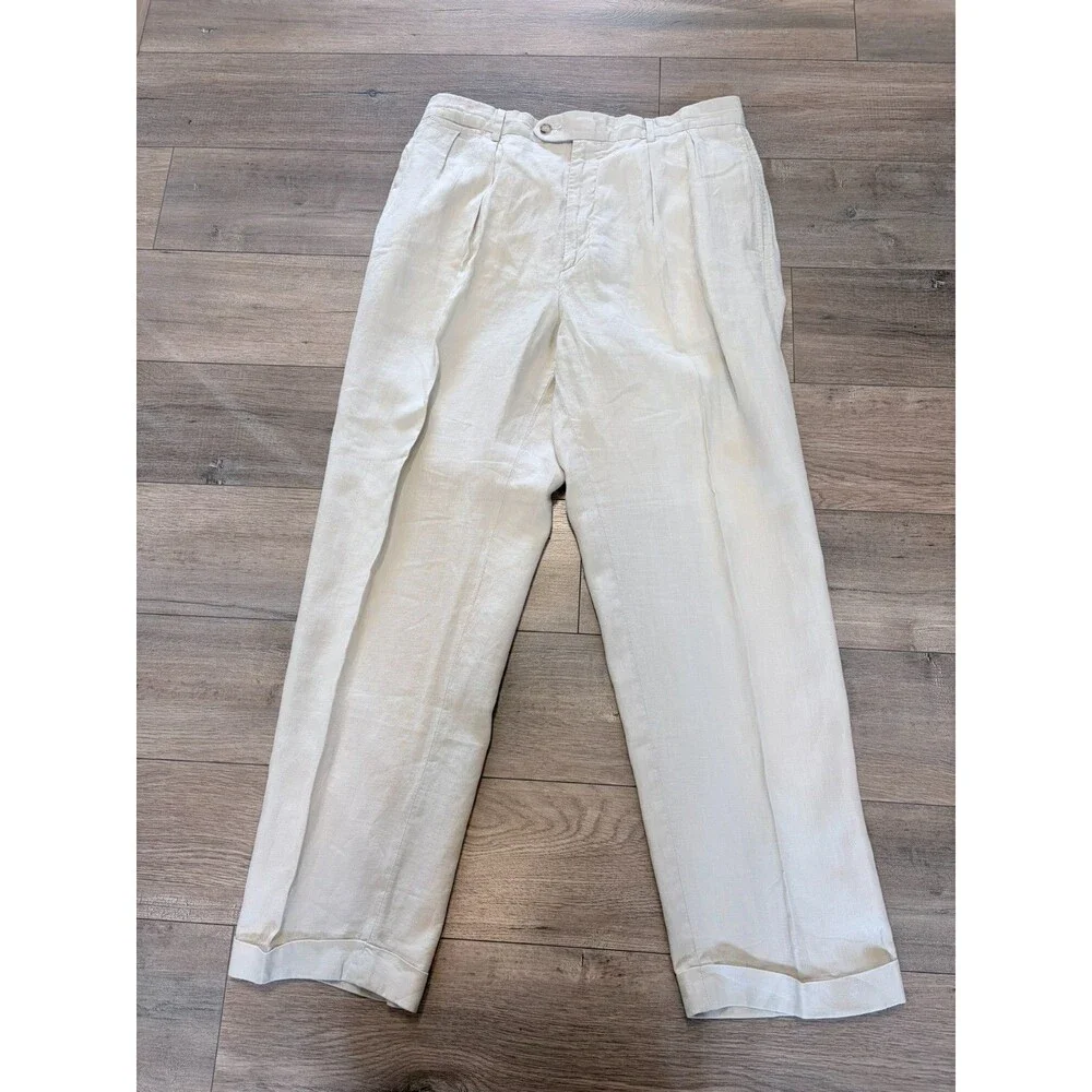 Daniel Cremieux Mens 34X32 100% Linen Beige Pleated Cuffed Beach Casual Pants